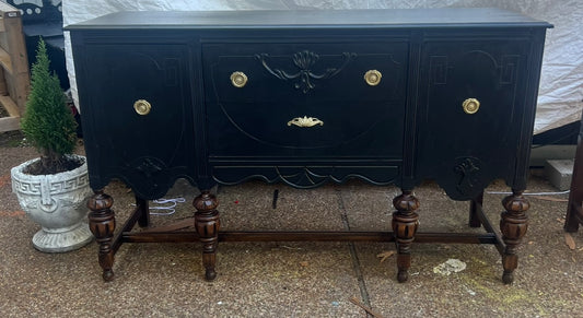 Black China Cabinet with Walnut Stained Legs w/ Matching Buffet