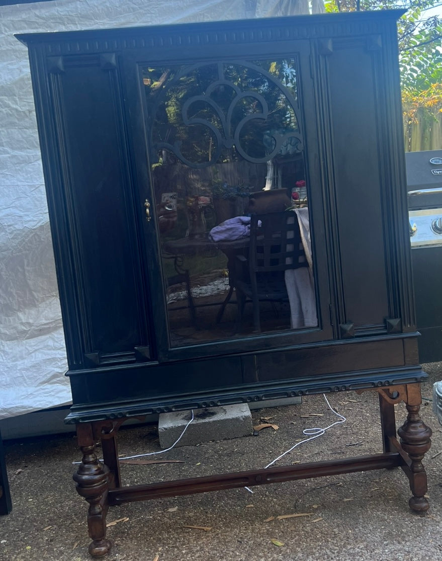 Black China Cabinet with Walnut Stained Legs w/ Matching Buffet