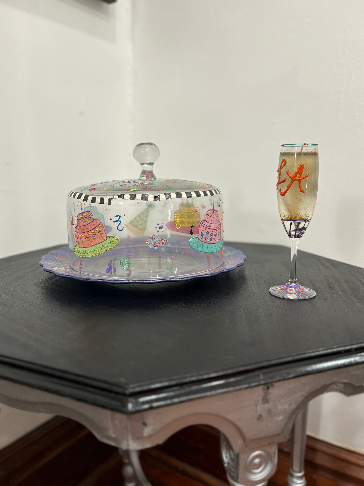 Decorative Party Cake Plate with matching champagne candle glass