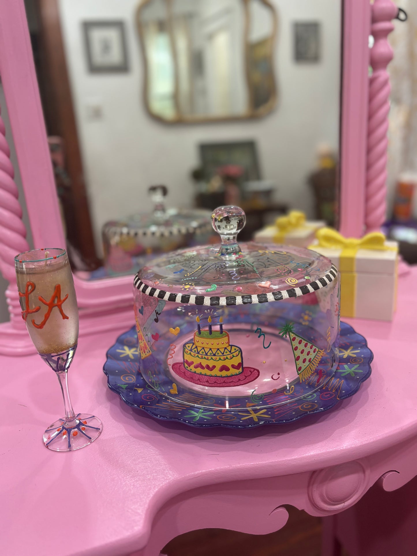 Decorative Party Cake Plate with matching champagne candle glass