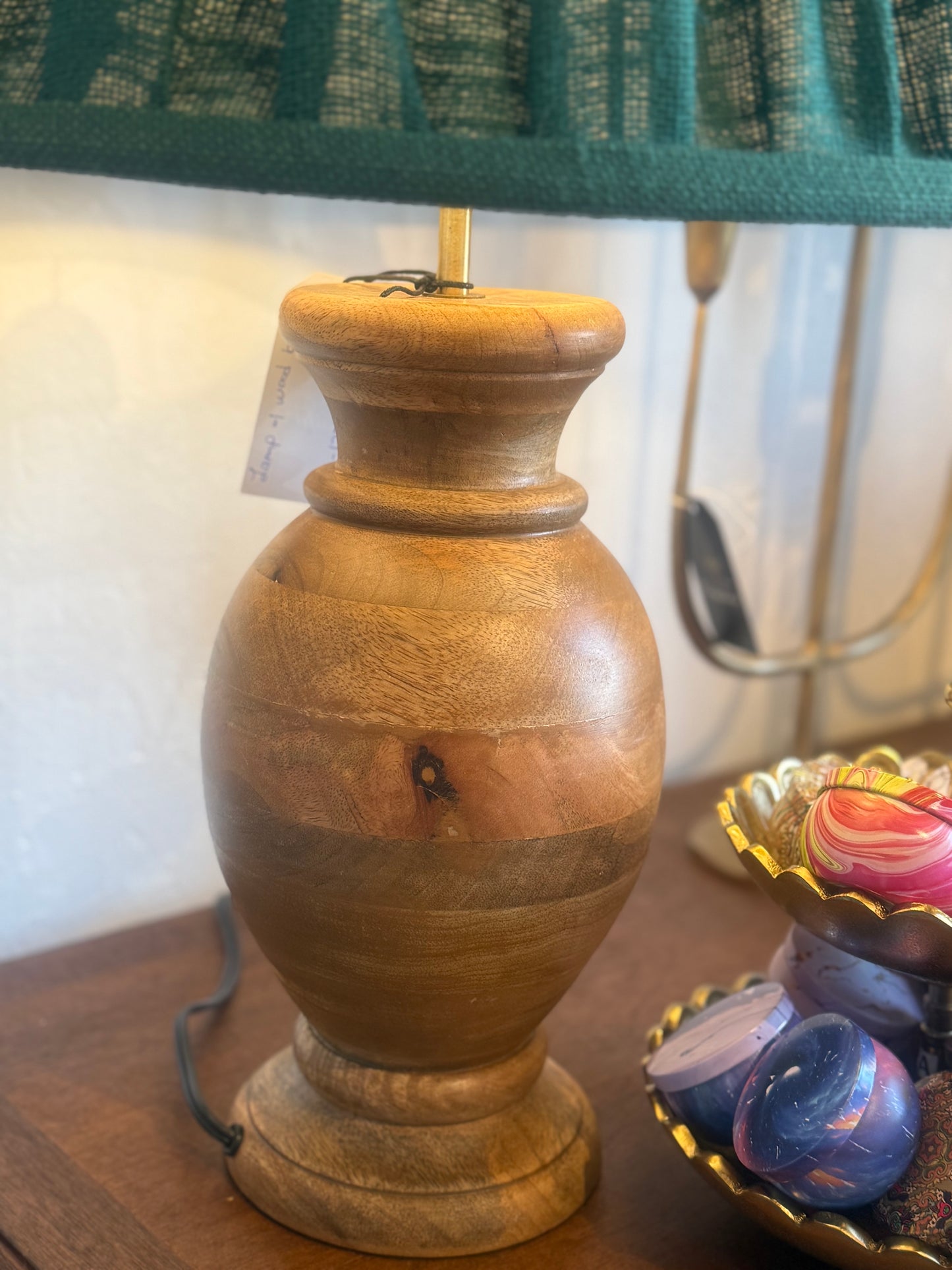 Wood Lamp with Emerald Color Shade