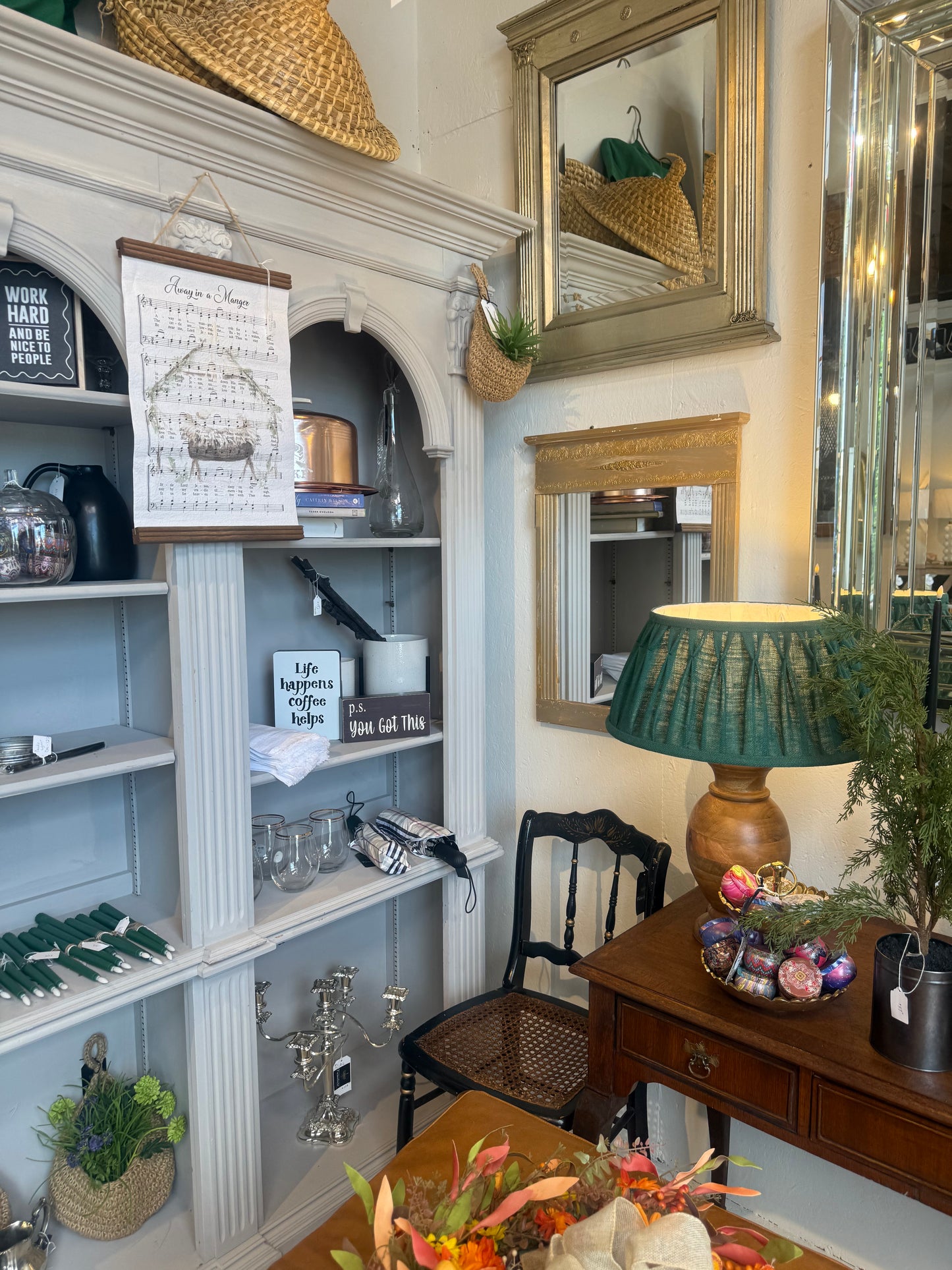 Wood Lamp with Emerald Color Shade