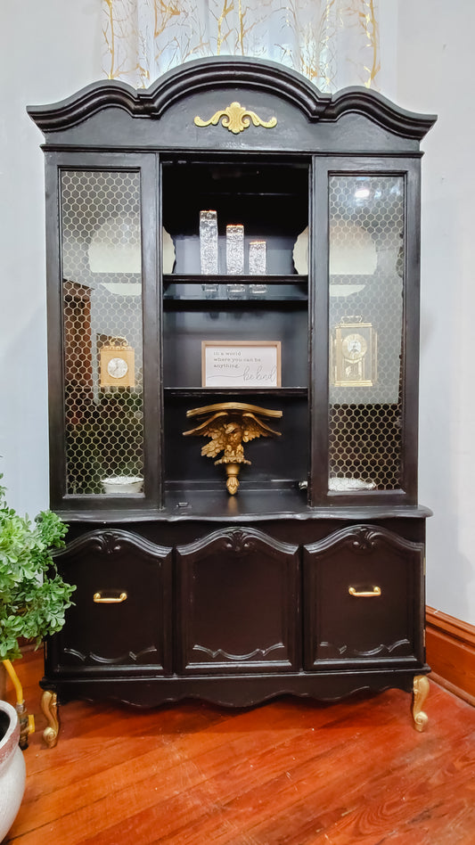 Vintage Black China Cabinet with Gold Handles