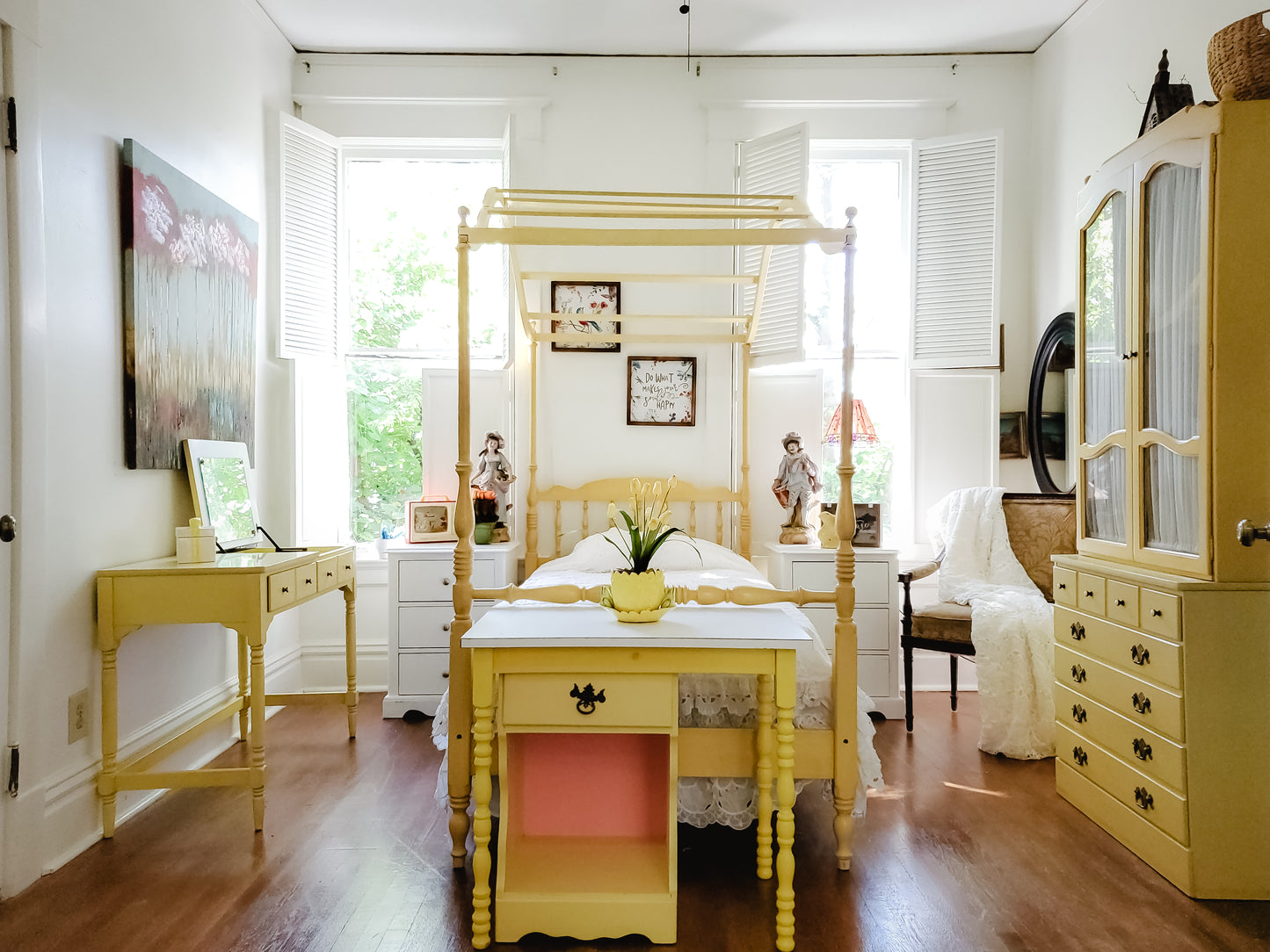 Yellow Vintage Twin bed with Canopy